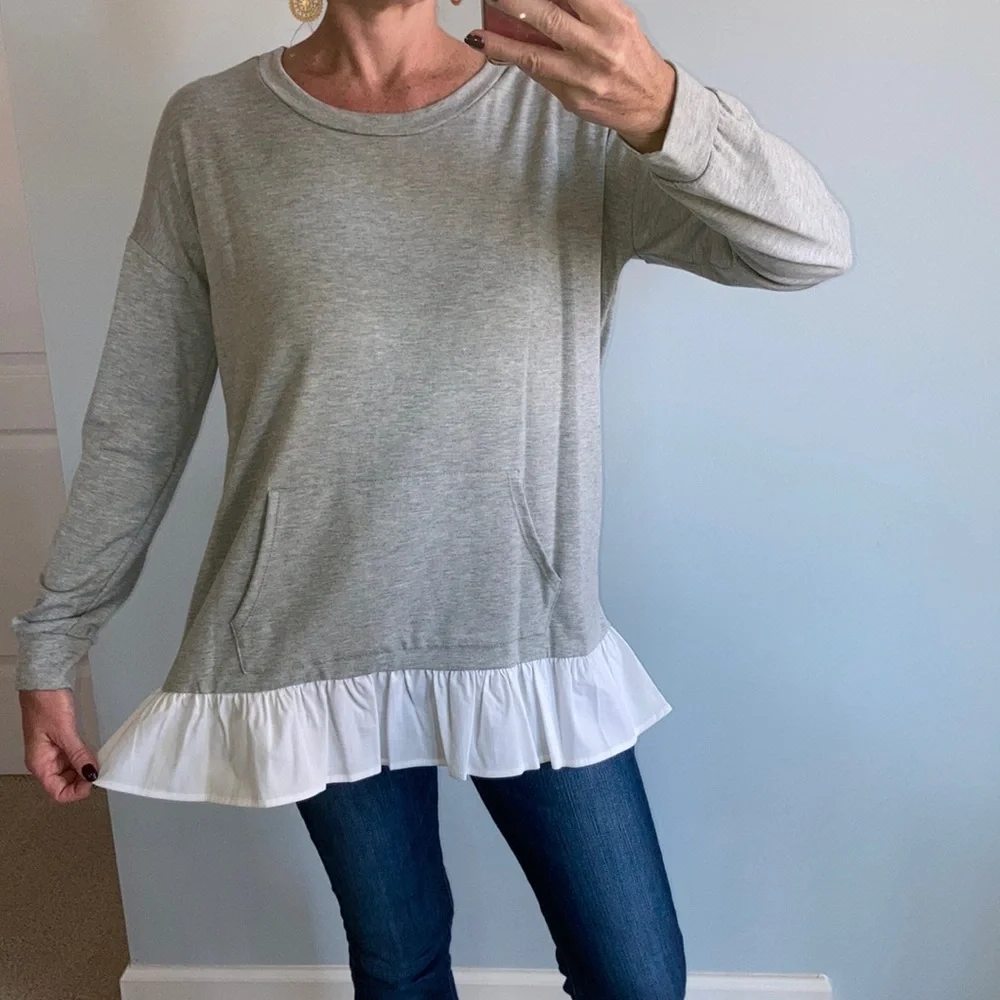 Grey & White Ruffled Hem Tunic Top - Picture 3 of 7